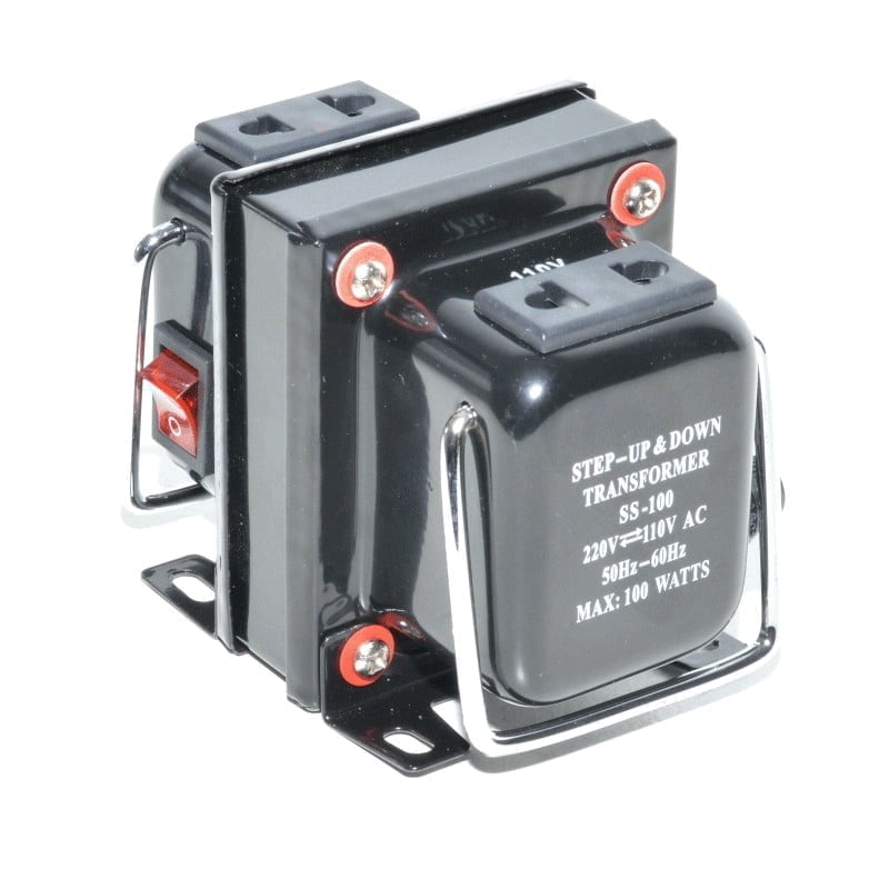 Transformator de tensiune bidirectional 220V-110V, 100W, cu buton on/off si prize separate pentru fiecare tensiune