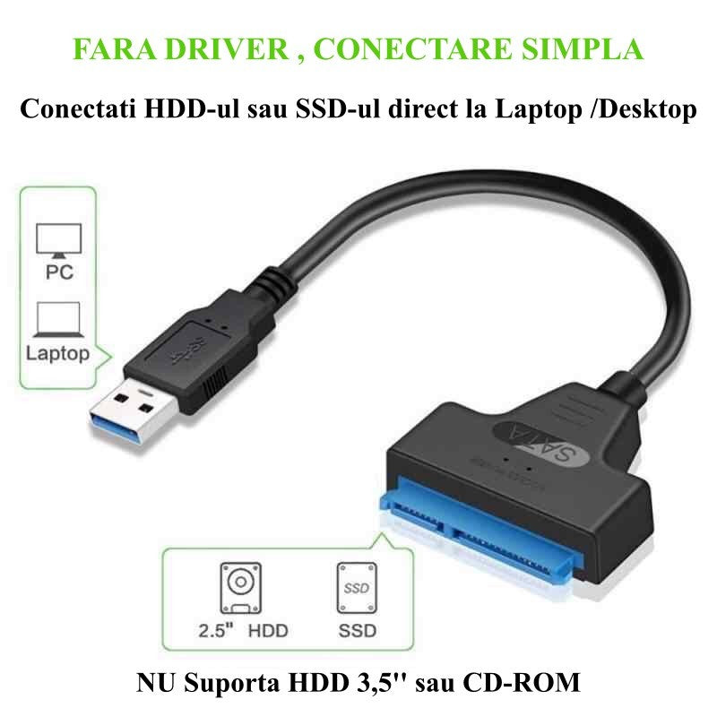 Adaptor USB 3.0 la SATA compatibil cu HDD si SSD 2.5 inch, fara driver, conectare directa la PC sau laptop