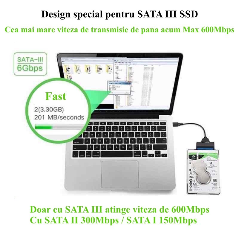 Adaptor SATA III la USB 3.0 cu viteza de transfer de pana la 600 Mbps, conectat la laptop cu HDD 2.5 inch