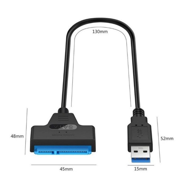 Dimensiuni cablu adaptor USB 3.0 la SATA: lungime 130mm, conector SATA 45mm, conector USB 15mm