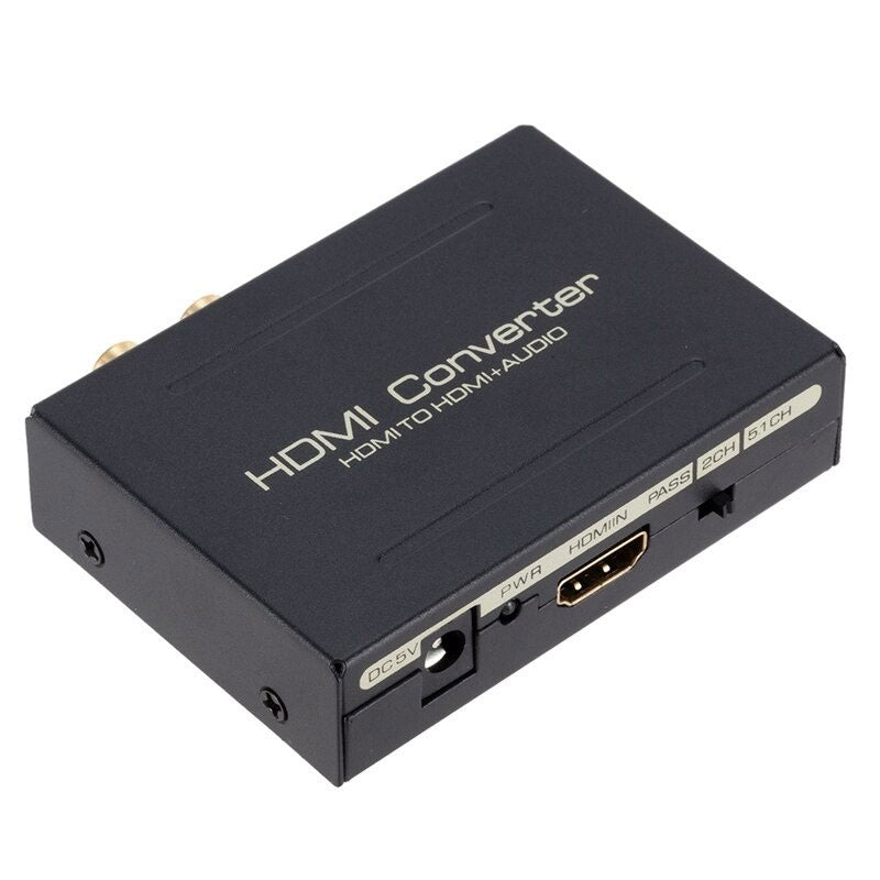 Convertor HDMI audio 4K vazut din unghi lateral, cu port HDMI IN si selector surround vizibile