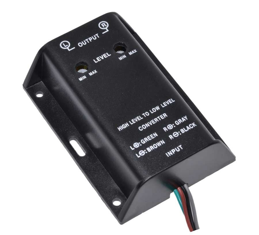 Convertor high-low 2 canale audio, carcasa metalica neagra, iesiri RCA aurite, reglaj nivel independent per canal