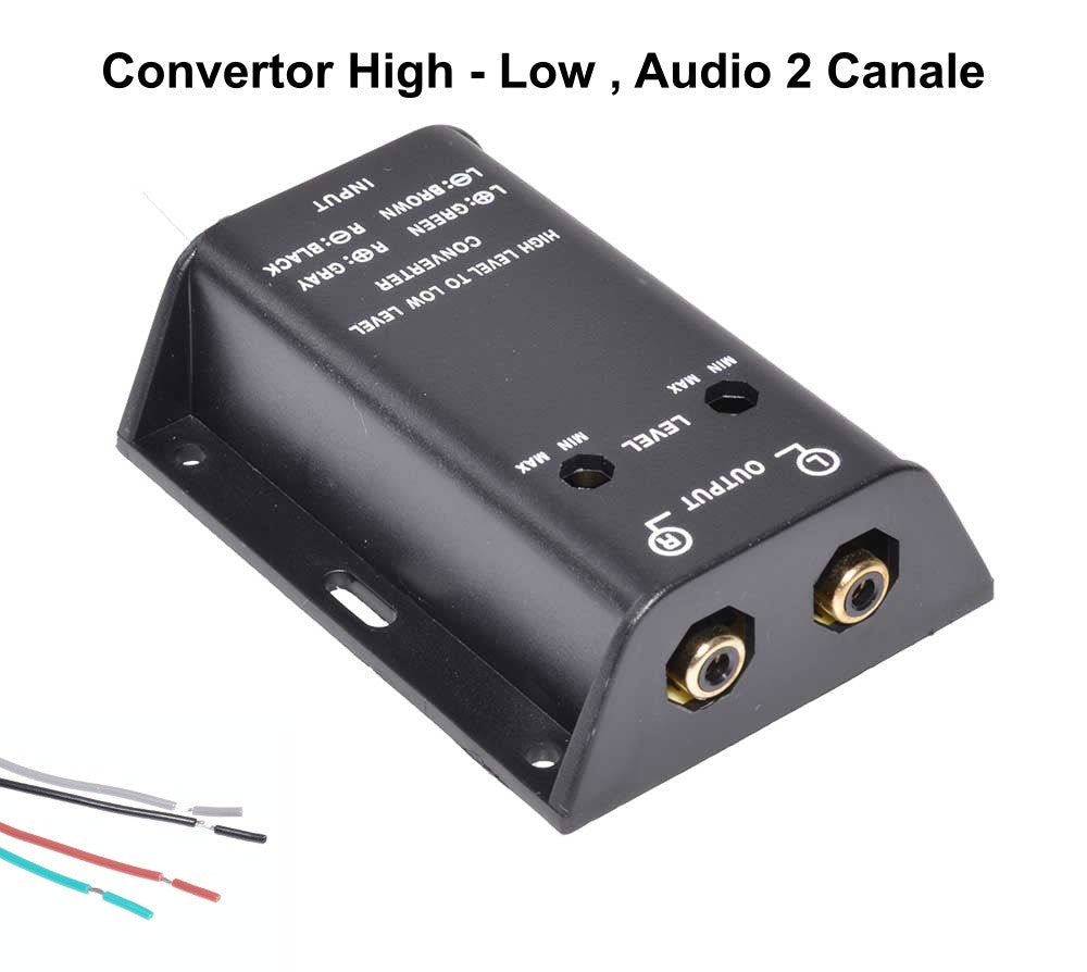Convertor semnal high-low, vedere cu iesiri RCA si fire de cupru separate pe 4 culori distincte