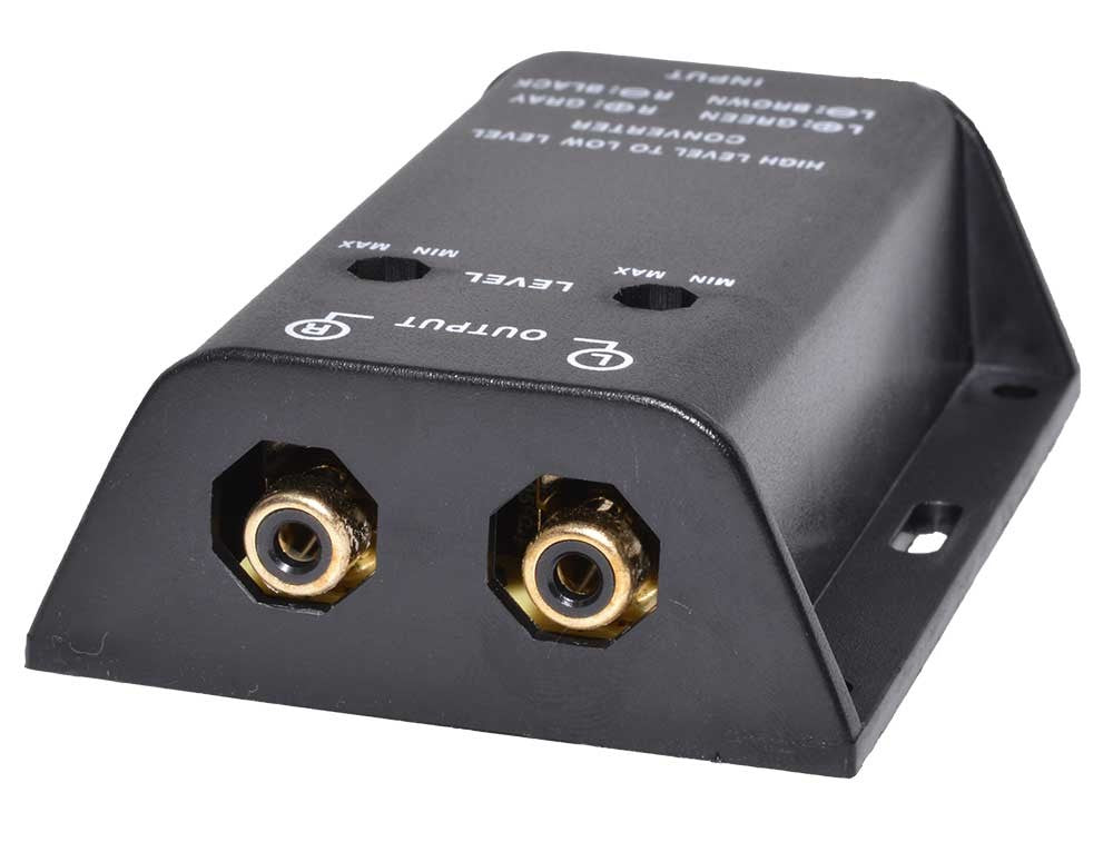 Convertor high-low 2 canale, prim-plan mufe RCA duble aurite cu markaje output stanga-dreapta