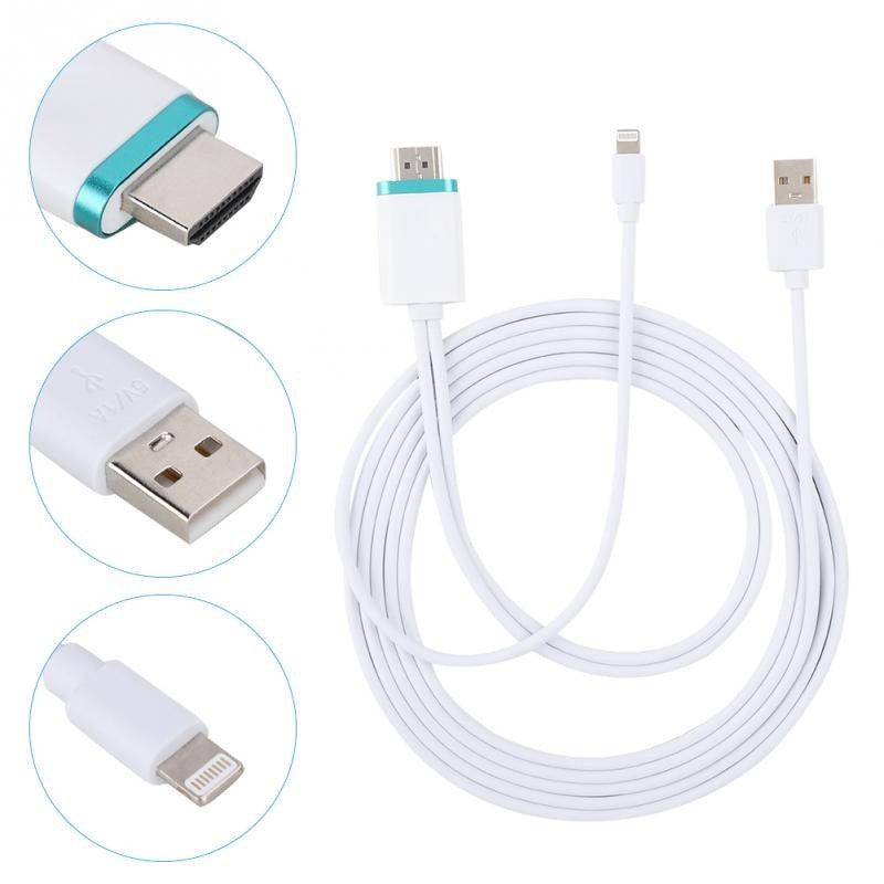 Detaliu conectori cablu Lightning-HDMI: mufa HDMI cu accent albastru, USB si Lightning aproape