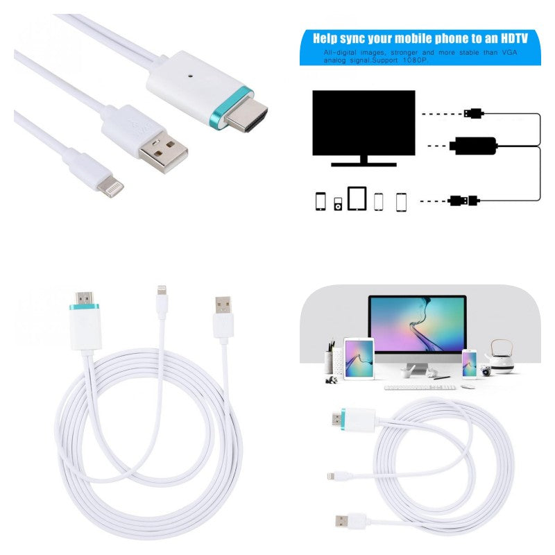 Cablu Lightning-HDMI 1080p cu schema conectare si utilizare alaturi de monitor, tableta si smartphone
