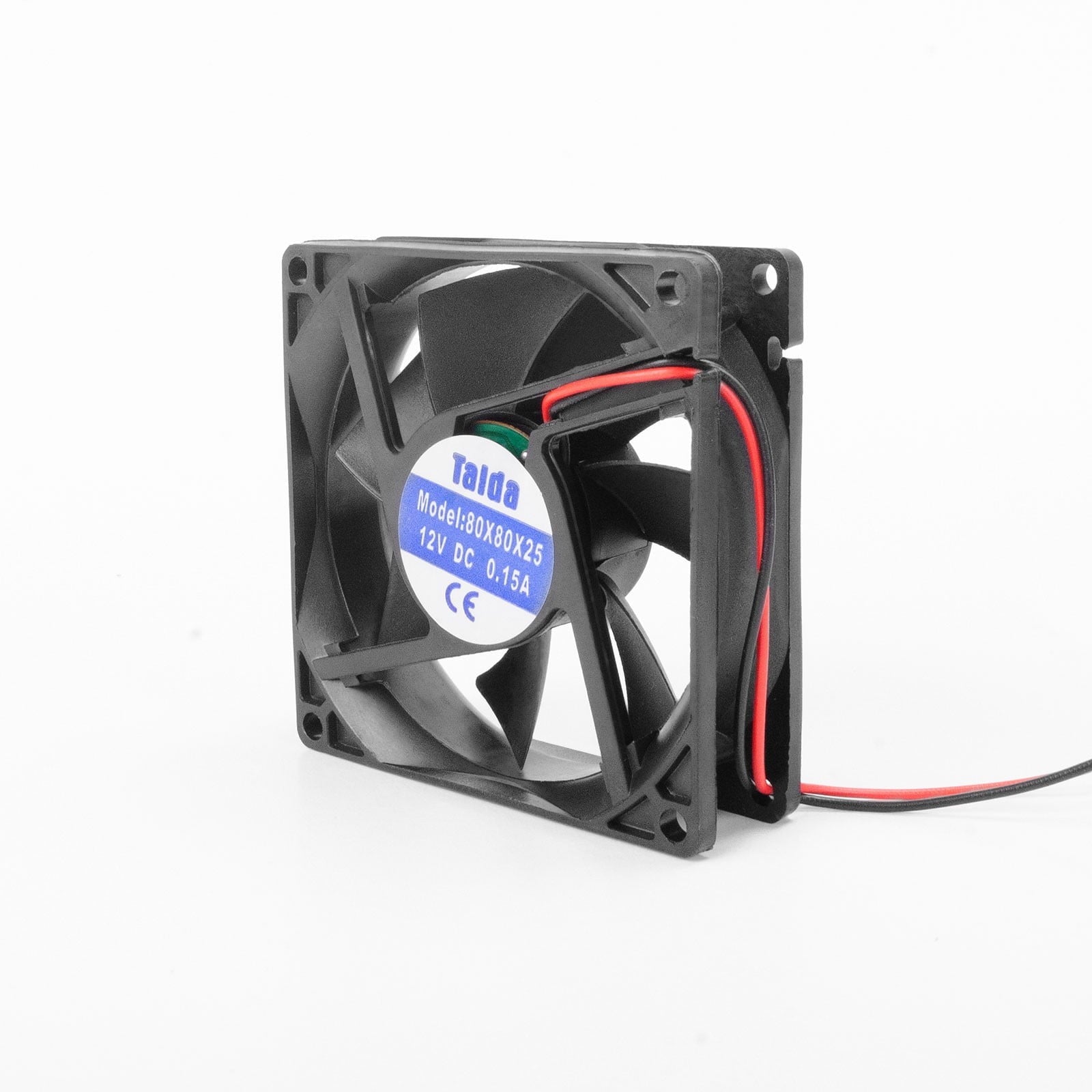 Ventilator axial 12V 80x80x25 mm, vedere laterala cu cablu bicolor si eticheta cu specificatii