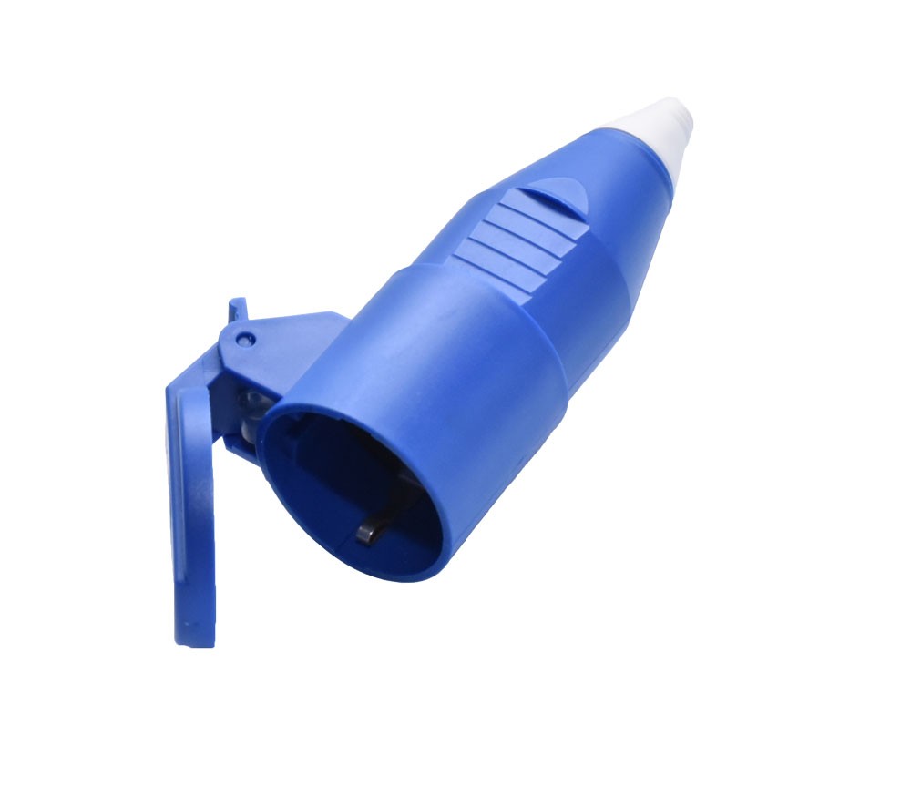 Cupla electrica albastra 250V cu capac protector deschis, orificiu de conectare vizibil
