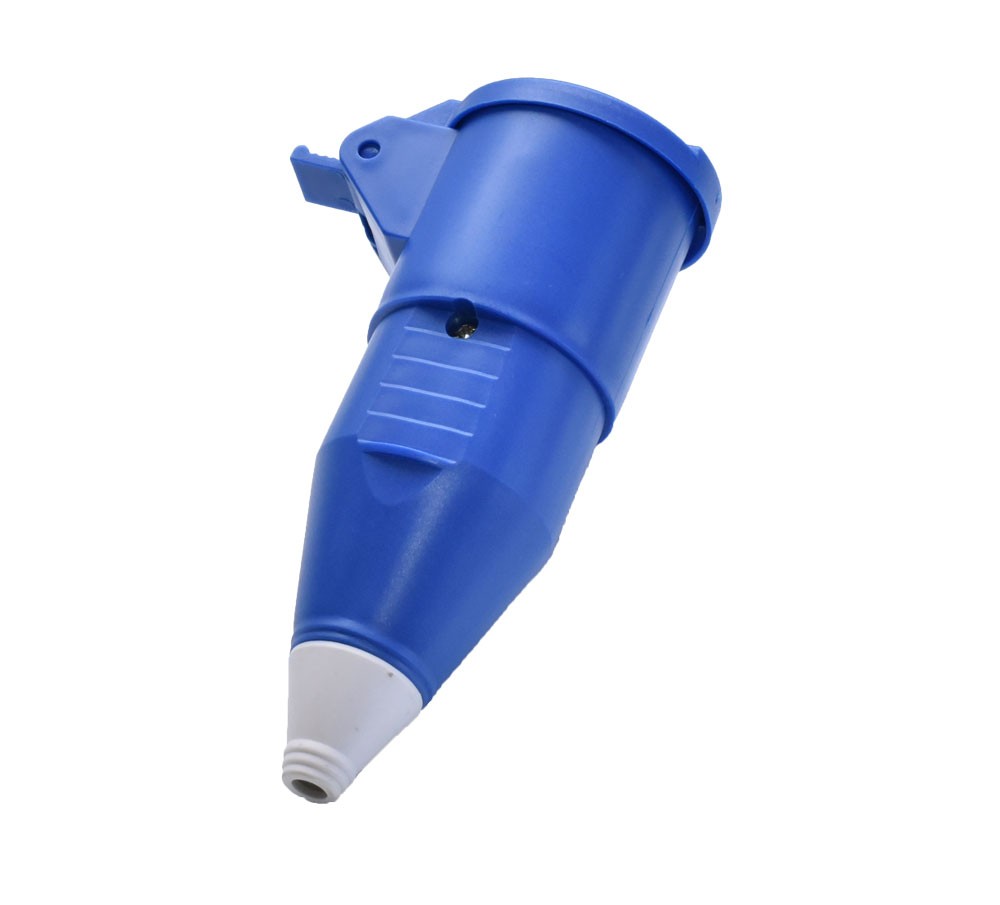 Cupla electrica albastra 250V, perspectiva frontala cu deschidere circulara de conectare