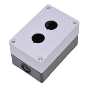 Cutie buton push 2x22mm IP54, 2 pozitii montaj, plastic rezistent, capac alb cu baza gri