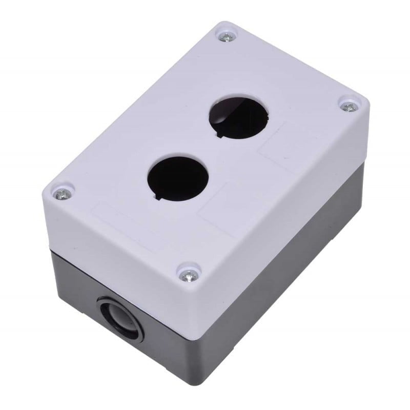 Cutie buton push 2x22mm IP54, 2 pozitii montaj, plastic rezistent, capac alb cu baza gri