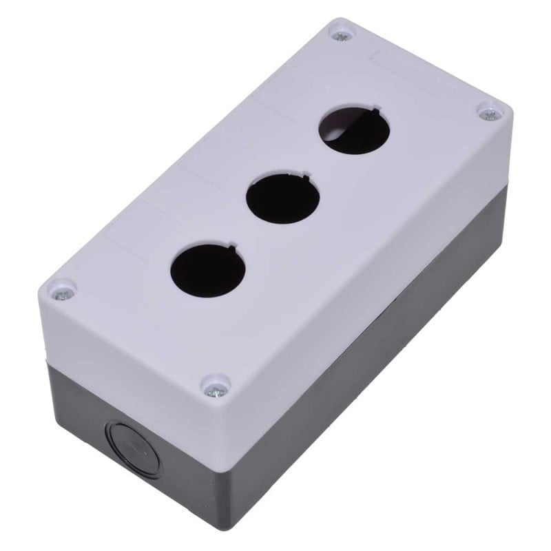 Cutie buton push 3x22mm IP54, carcasa plastic bicolora alb-gri, 3 orificii pentru butoane industriale