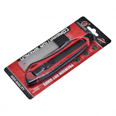 Cutter cu lama 18mm ambalaj blister, vedere frontala cu maner anti-alunecare rosu-negru