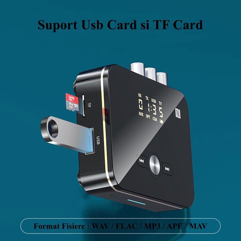 Adaptor audio Bluetooth cu slot USB si card TF, suporta formate WAV, FLAC, MP3, APE