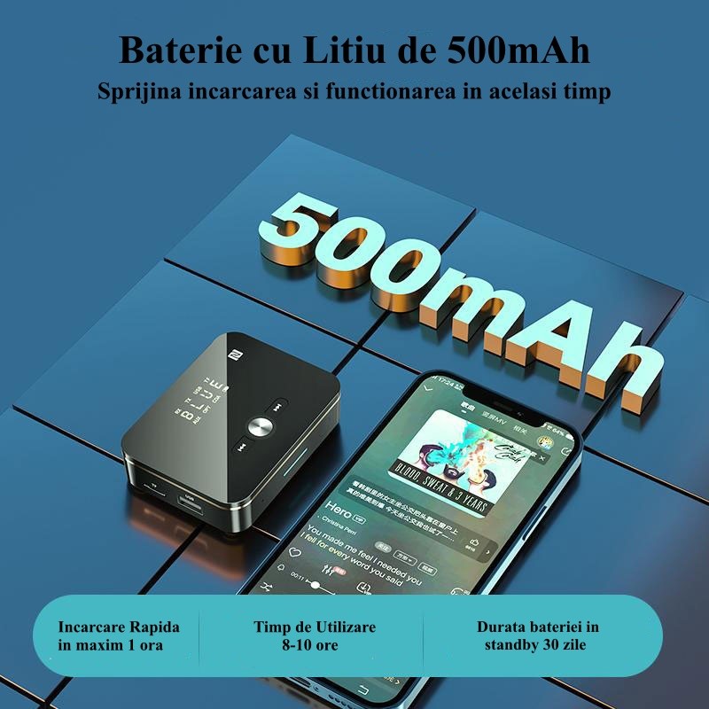 Convertor audio wireless cu baterie de 500mAh, autonomie 8-10 ore, incarcare rapida in 1 ora
