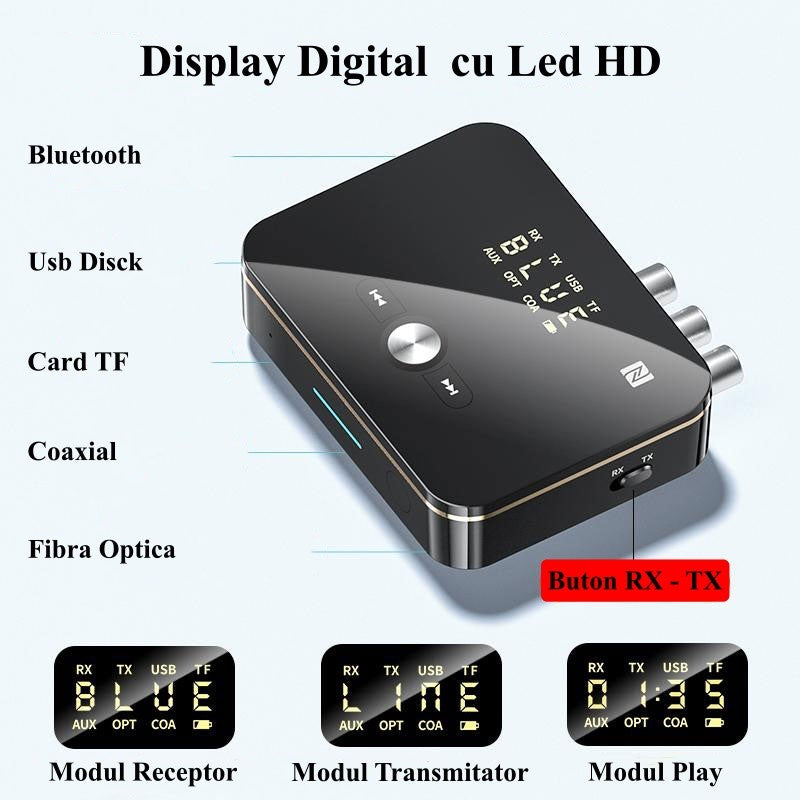 Convertor audio wireless cu display digital LED HD, buton RX/TX, moduri receptor si transmitator
