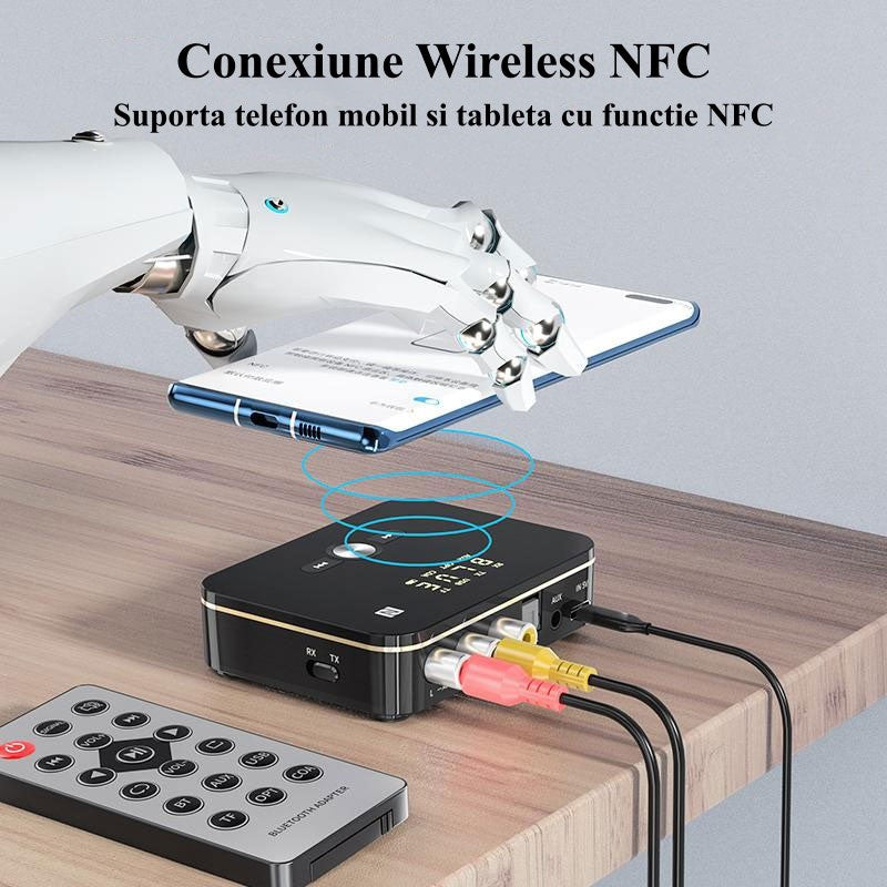 Adaptor audio Bluetooth NFC, conectare instant prin atingere, cu telecomanda inclusa si cabluri RCA