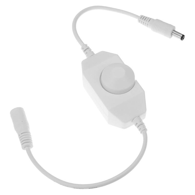 Dimmer rotativ alb pentru banda LED 12-24V, 8A, vedere de ansamblu cu ambii conectori DC