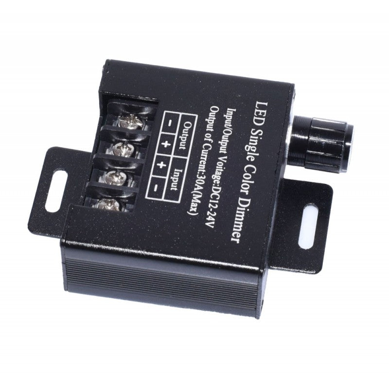 Dimmer monocolor cu borne surub si buton rotativ, vedere laterala, tensiune DC 12-24V 30A