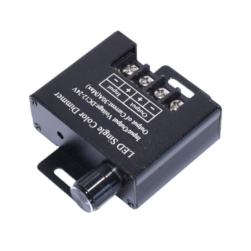 Dimmer monocolor LED 12-24V 30A cu potentiometru rotativ, carcasa metalica neagra, borne Input/Output