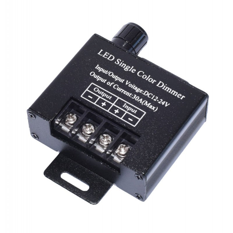 Dimmer monocolor LED vedere frontala cu borne Input/Output marcate clar, curent maxim 30A