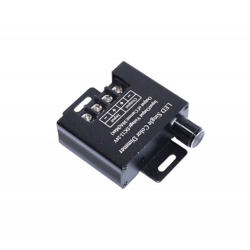 Dimmer monocolor LED 12-24V in carcasa metalica neagra compacta, vedere din spate cu suport montaj