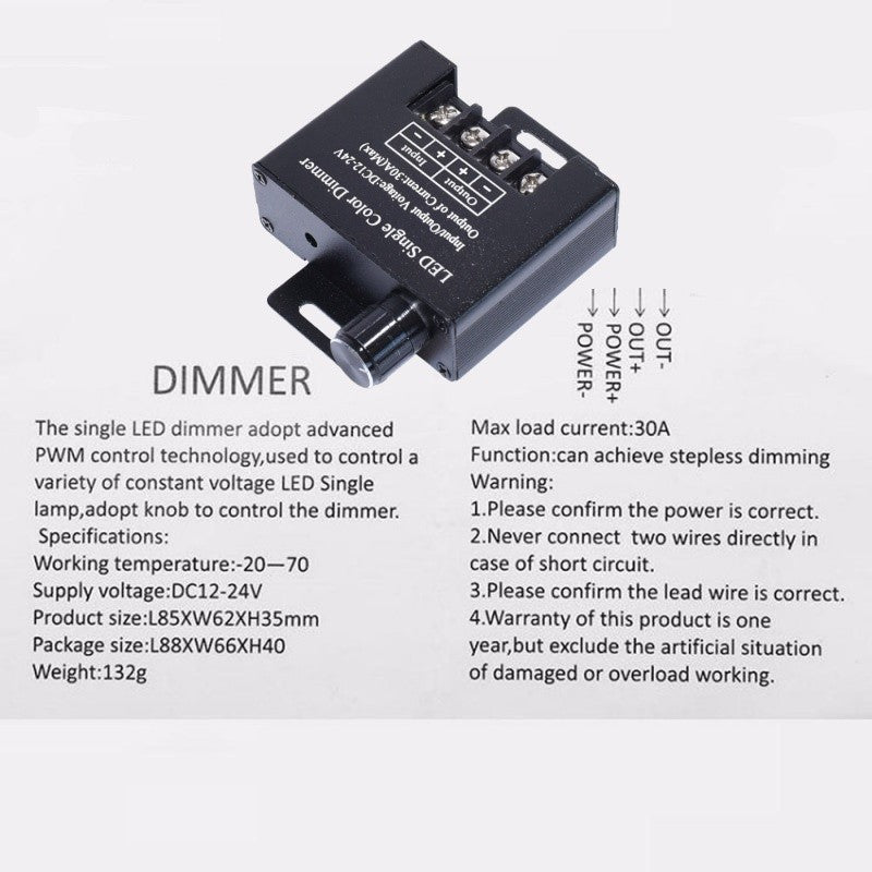 Dimmer monocolor LED 12-24V 30A cu schema conexiuni si specificatii tehnice PWM stepless dimming