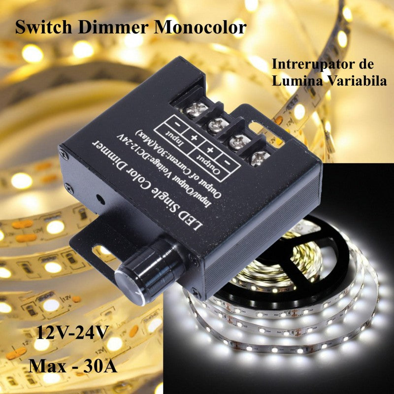 Dimmer monocolor LED 12-24V 30A utilizat cu banda LED, reglaj lumina variabila de la cald la rece