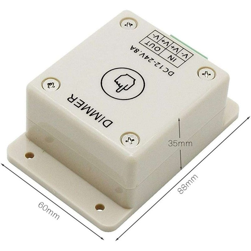 Dimmer touch cu dimensiuni 88x60x35mm, vedere de sus cu borne de conectare IN/OUT