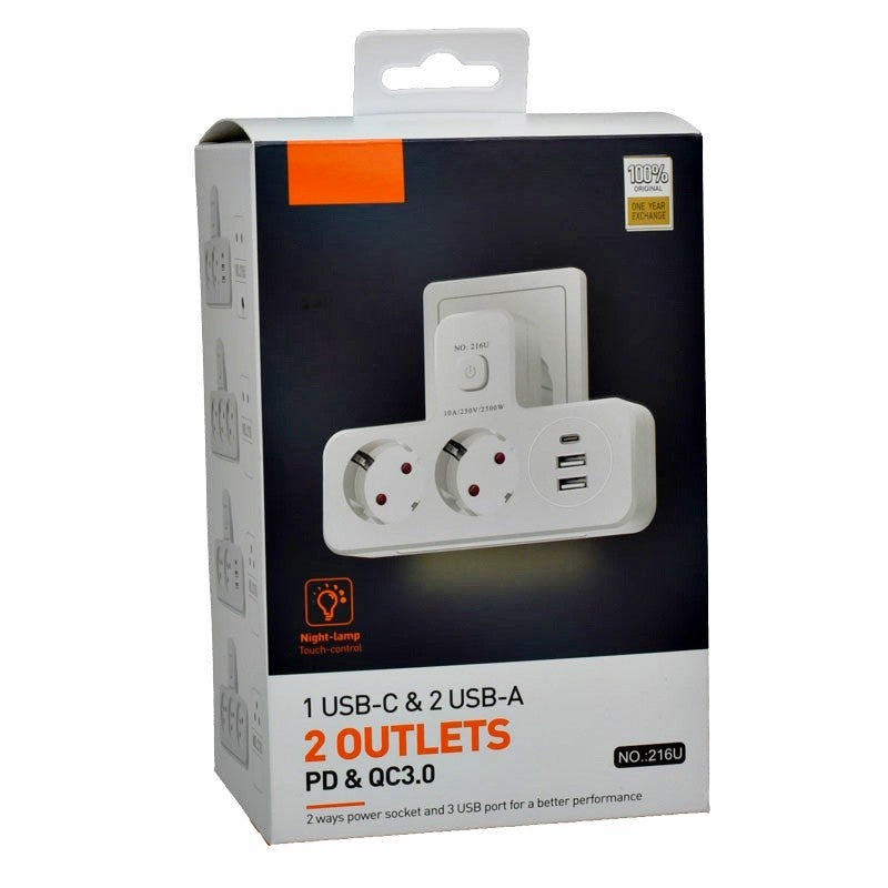 dublu stecher multifunctional 2500W cu USB-C PD si QC3.0 in cutia de ambalaj