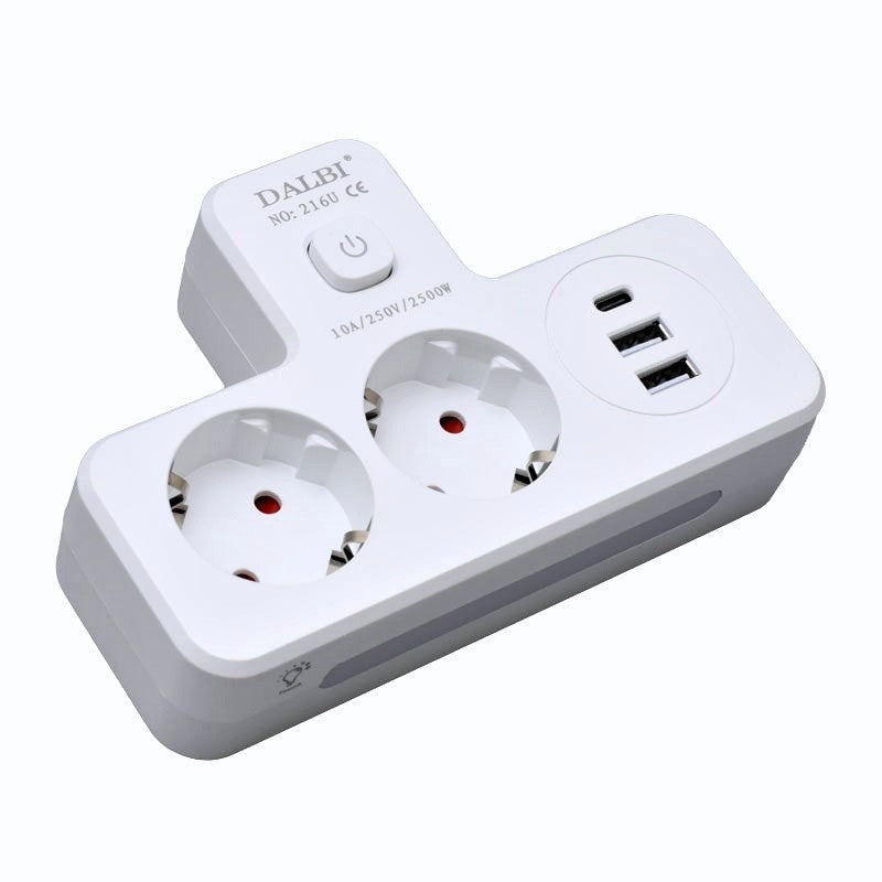 stecher dublu Schuko 10A/250V cu 3 porturi USB si intrerupator, vedere din fata
