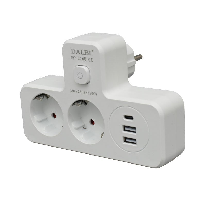 dublu stecher cu prize Schuko si porturi USB QC3.0, vedere frontala directa