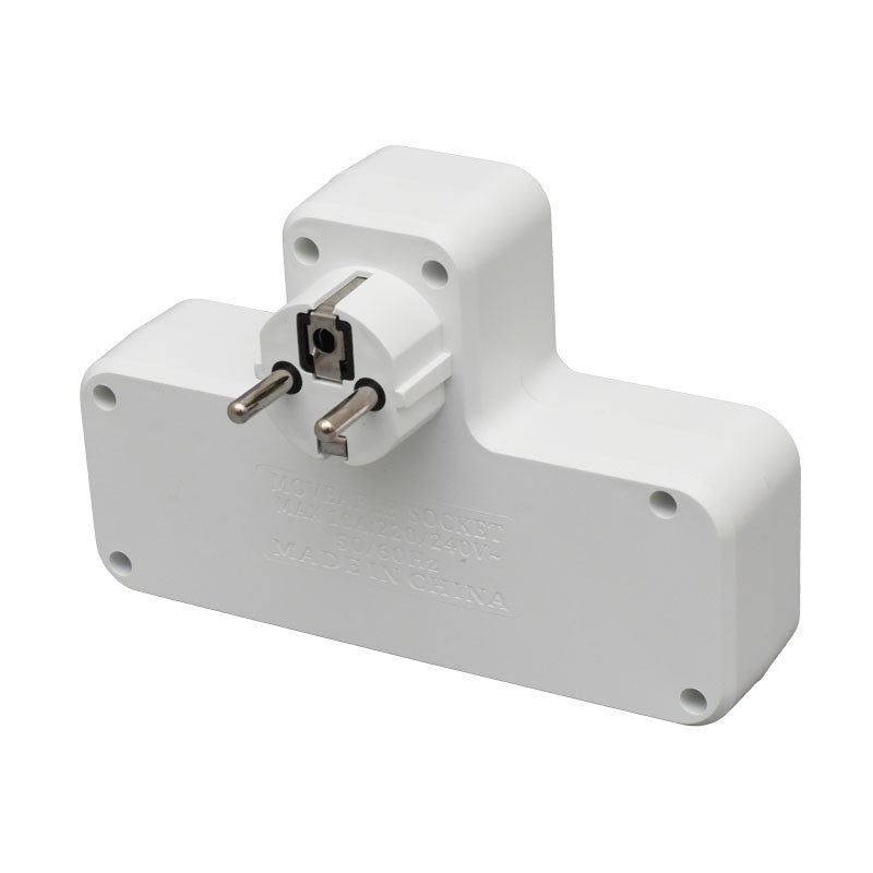 stecher dublu 10A/250V, vedere din spate cu stecker Schuko si eticheta tehnica