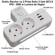 dublu stecher 2500W cu 2 prize Schuko, 2 USB QC3.0, PD 20W si lumina de veghe touch LED