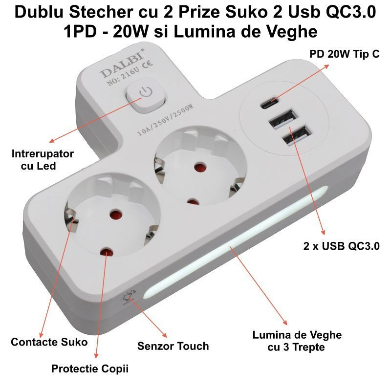 dublu stecher 2500W cu 2 prize Schuko, 2 USB QC3.0, PD 20W si lumina de veghe touch LED