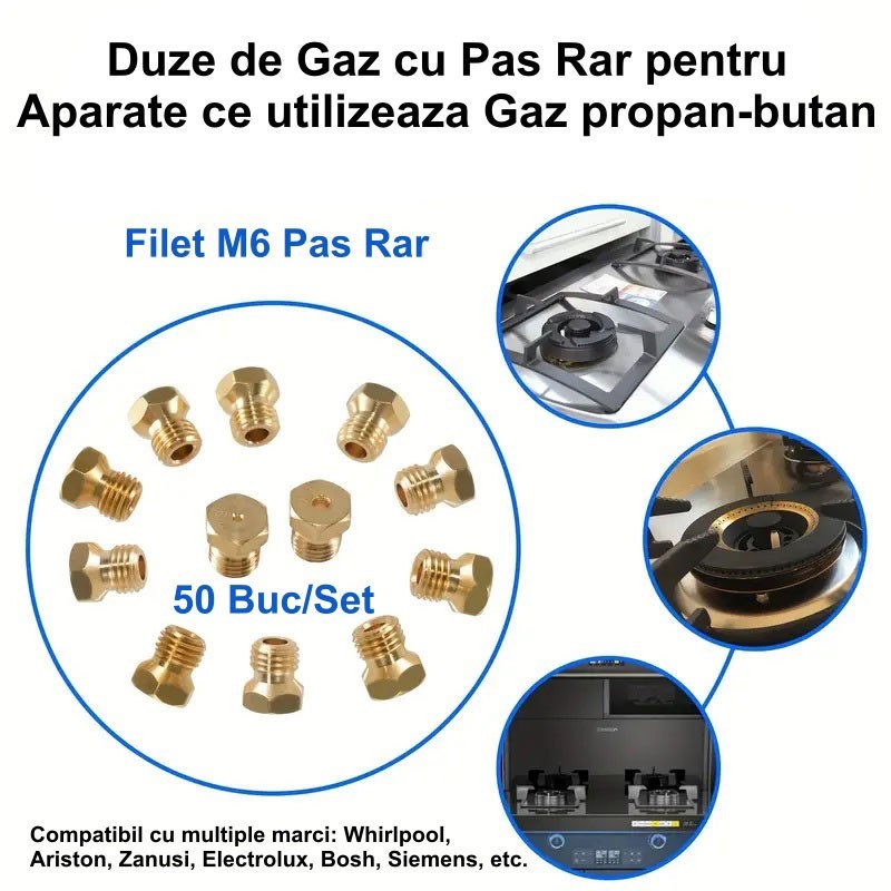Duze aragaz filet M6 pas rar pentru gaz propan-butan, alama, Ø1.10mm, set 50 bucati