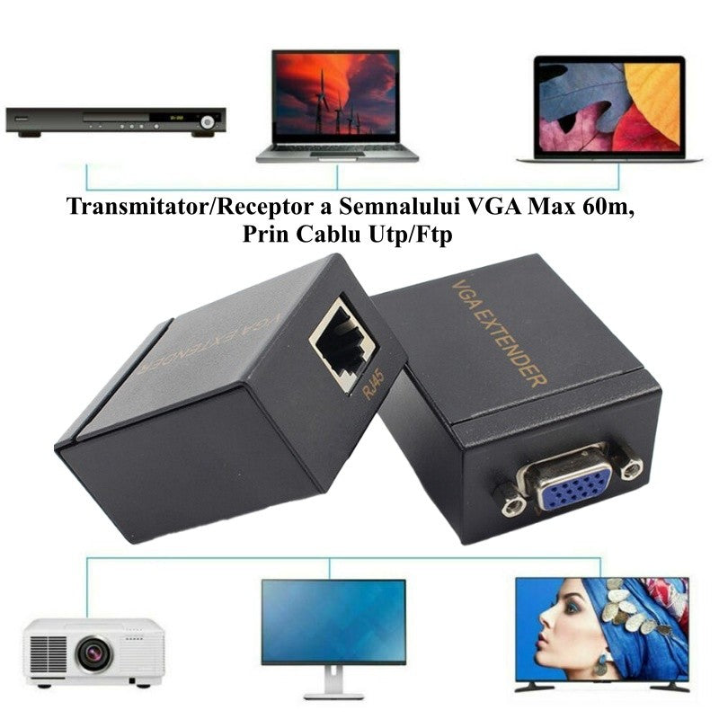 Extender VGA 60m compatibil cu laptop, DVD player, monitor, TV si videoproiector prin cablu UTP/FTP