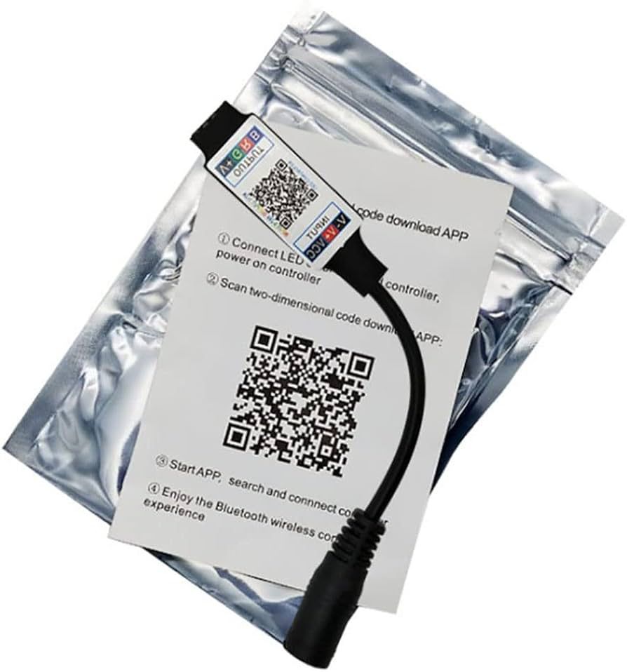 Controler RGB LED Bluetooth in ambalaj, cu instructiuni de conectare si cod QR aplicatie