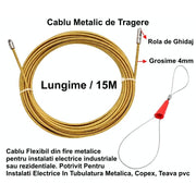 Fir metalic de tragere cablu electric 4mm x 15m, flexibil, cu rola de ghidaj si bucla prindere, pentru teava PVC sau copex
