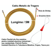 Fir metalic de tragere cablu electric 4mm x 5M, flexibil, cu rola de ghidaj si ochet metalic, pentru tubulatura PVC sau copex