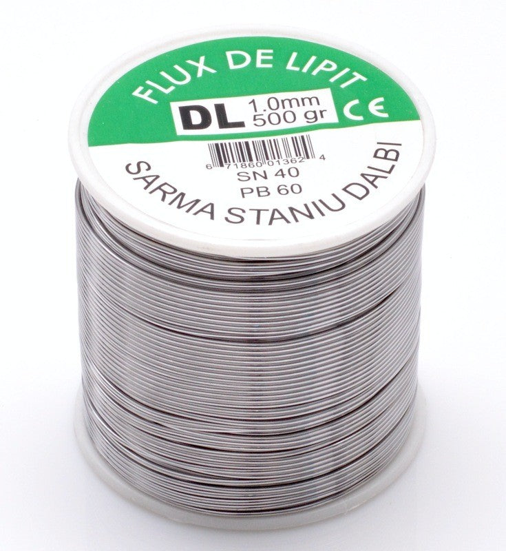 Sarma de lipit cu flux, aliaj SN40/PB60, diametru 1mm, rola 500g pentru electronica si cablaje electrice