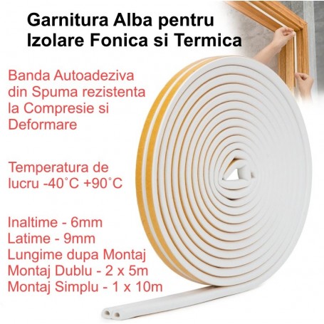 Garnitura alba autoadeziva pentru ferestre si usi, rezistenta la compresie, 6mm x 9mm, 10 metri