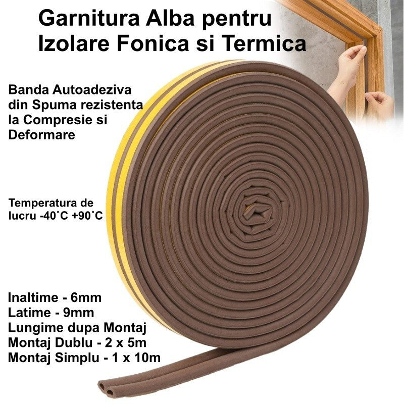 Banda autoadeziva din spuma pentru etansare ferestre si usi, 10m/rol, 6mm inaltime, rezistenta -40°C +90°C