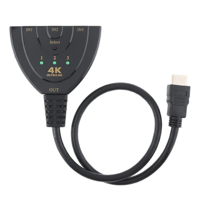 Switch HDMI 3 in 1, suport 4K Ultra HD, cablu integrat 30 cm, buton Select cu LED-uri indicatoare