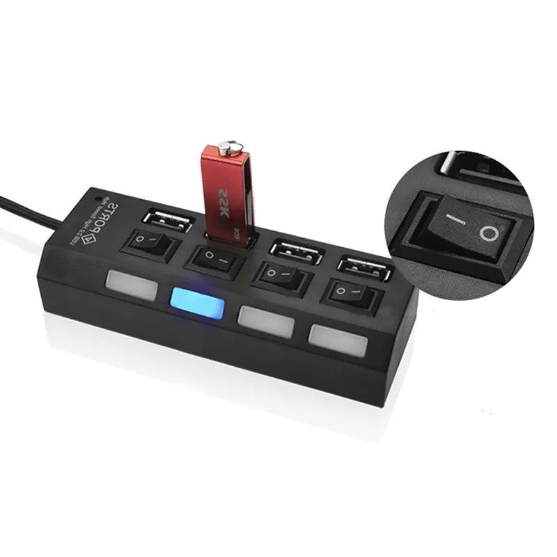 Hub USB 2.0 cu 4 porturi si intrerupator basculant per port, LED albastru activ, stick USB conectat