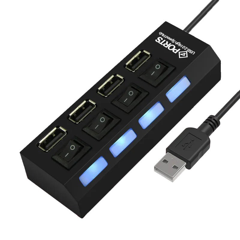 Hub USB 2.0 cu 4 porturi, indicatoare LED albastre aprinse, cablu USB inclus, design compact negru