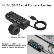 Hub USB 2.0 cu 4 porturi, intrerupator individual si LED albastru, viteza transfer 480 Mbps, conector DC 1.3mm