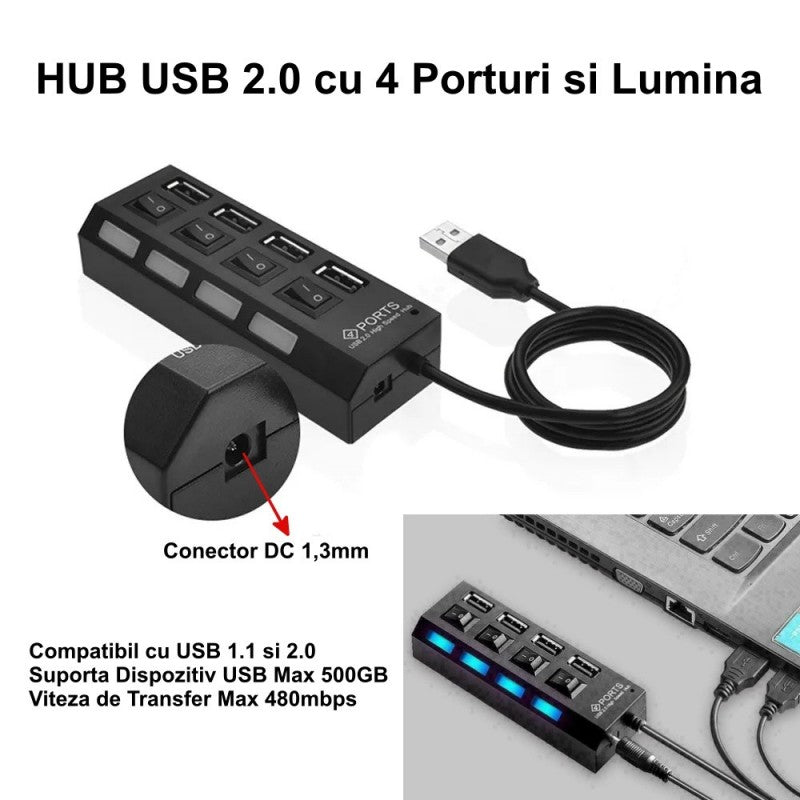 Hub USB 2.0 cu 4 porturi, intrerupator individual si LED albastru, viteza transfer 480 Mbps, conector DC 1.3mm