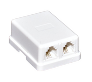 Priza dubla de telefon 2x6P4C pentru montaj aparent, doua porturi RJ11, carcasa alba ABS, format compact