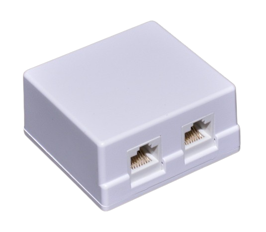 Priza dubla RJ45 aparenta alba, vedere laterala cu cele doua porturi de retea vizibile
